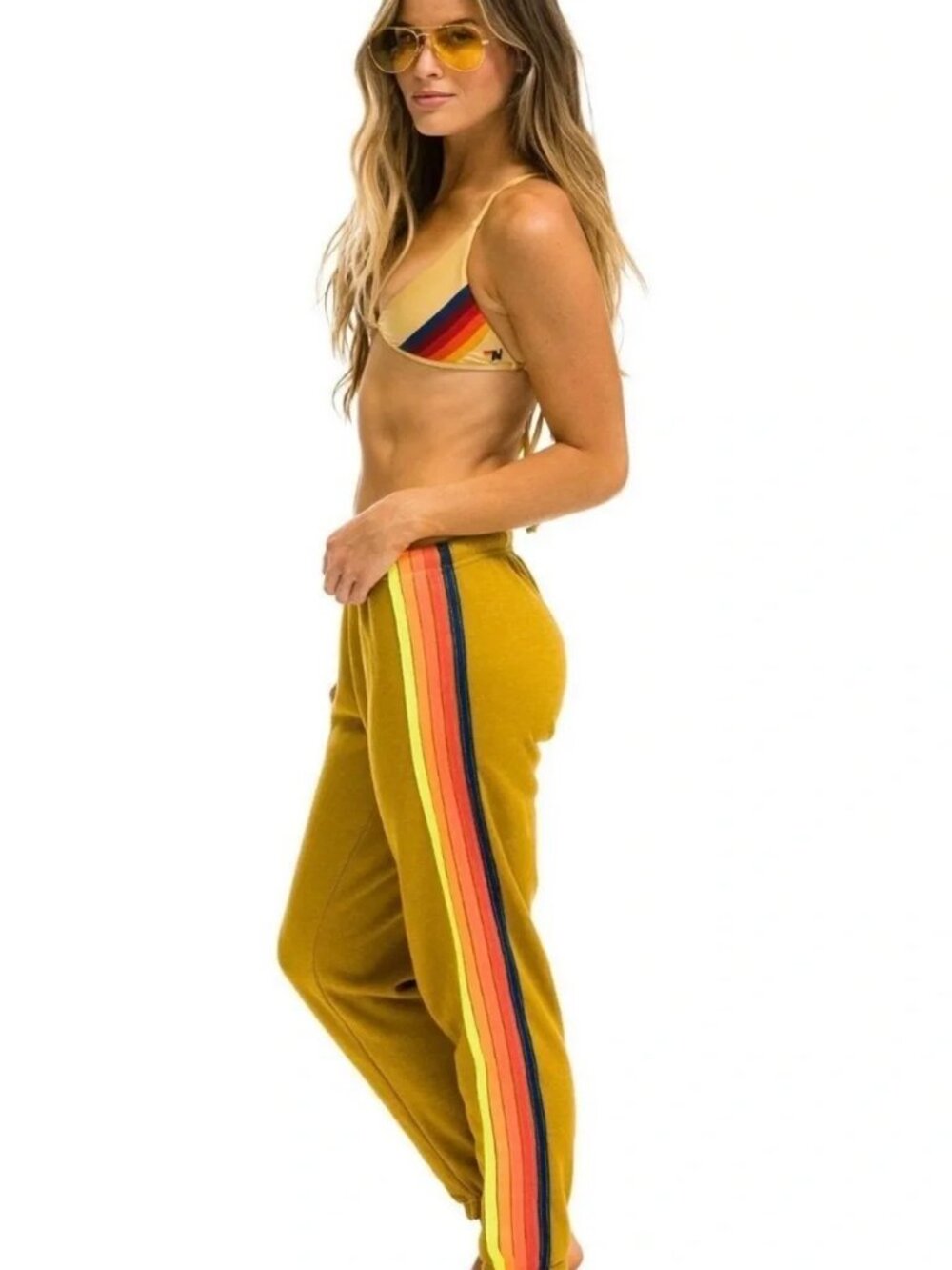 Aviator Nation 5 Stripe sweatpants Honey Neon Rainbow Blue stripes XS